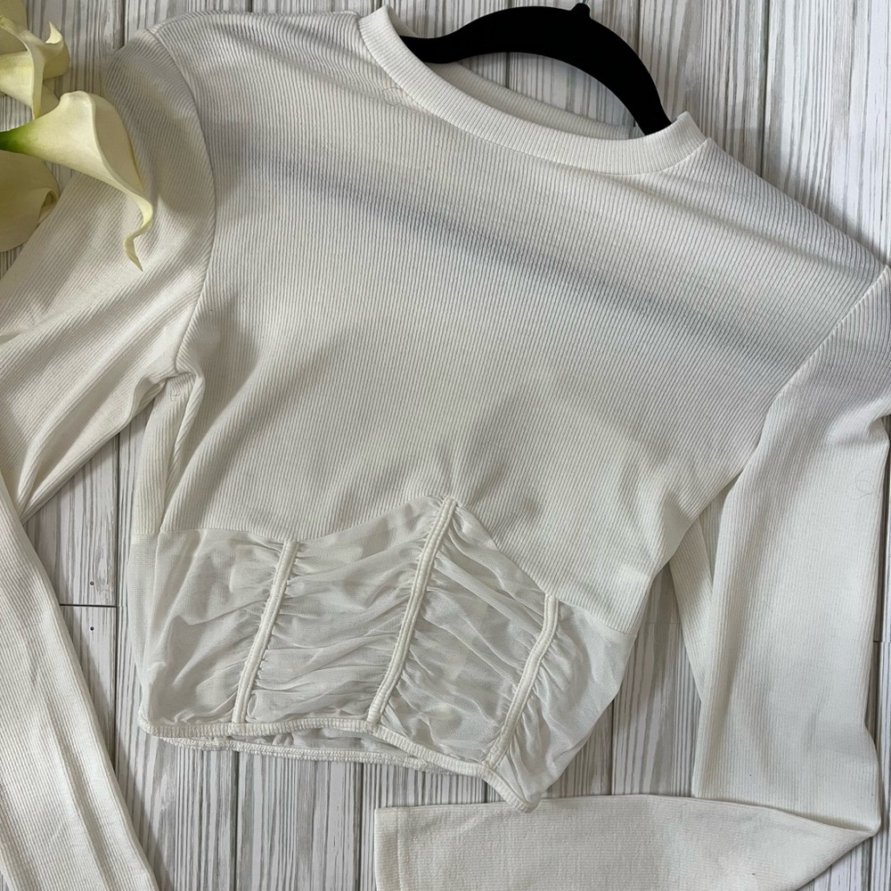 Shein White Ribbed Long Sleeve with Mesh Corset detail